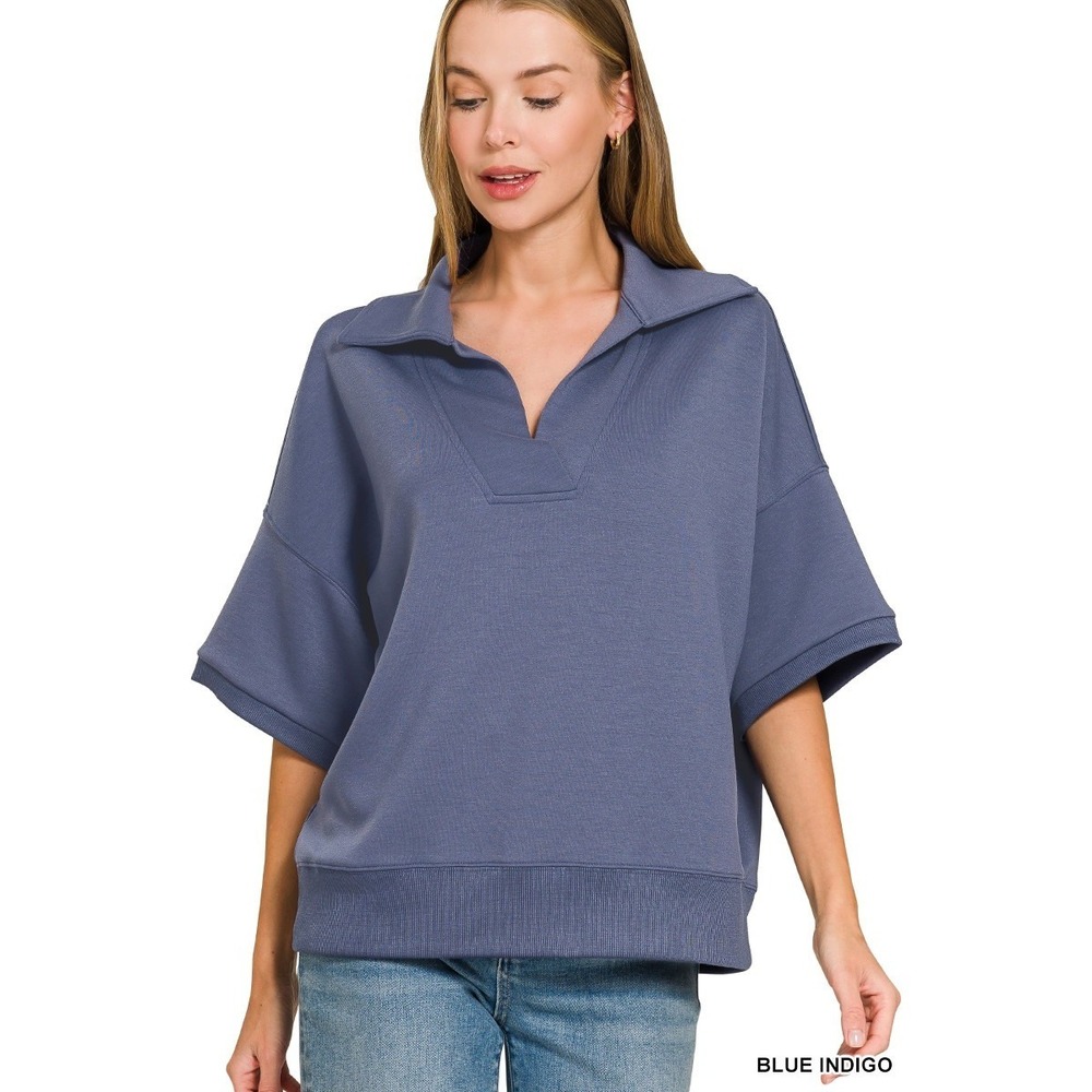 Zenana Scuba Collared Short Sleeve Pullover - Blue Indigo - Small‎